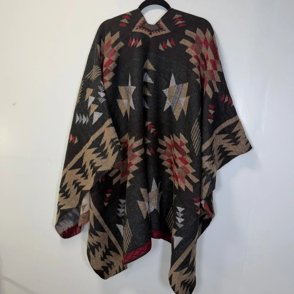 Womens Southwest Reversible Poncho Wrap Aztec Tribal Pattern Multicolor One Size